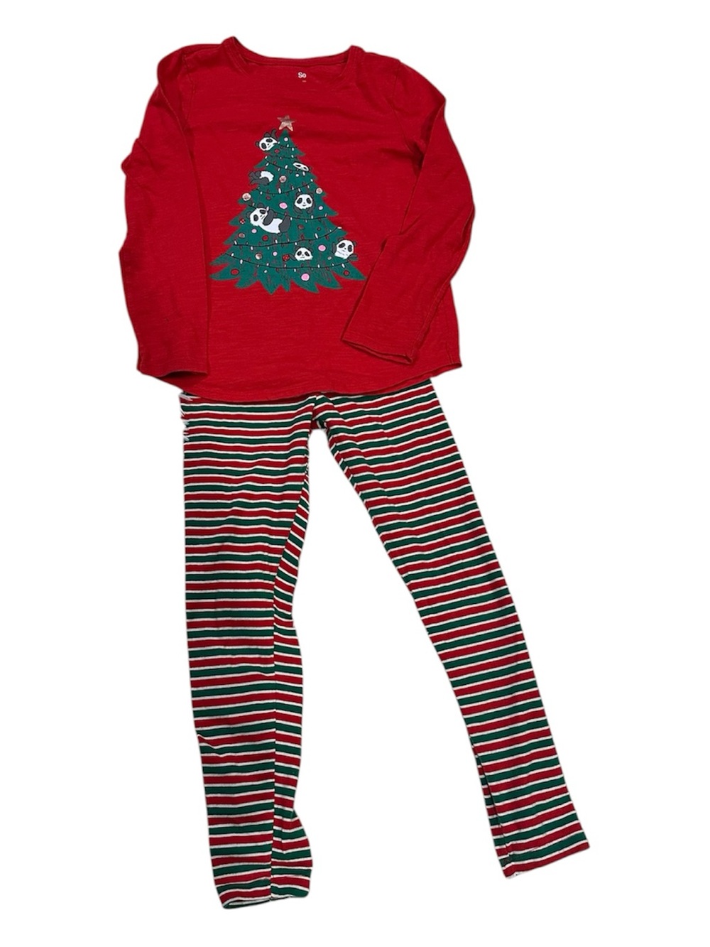 SO Red & Green Christmas Tree Kids Pajama Set - Long Sleeve Top & Striped Pants